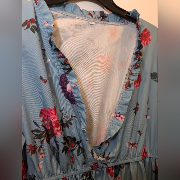Boutique Blue Floral Ruffle Maxi Dress Long Sleeve Cottagecore Wedding Boho L - Picture 4 of 9